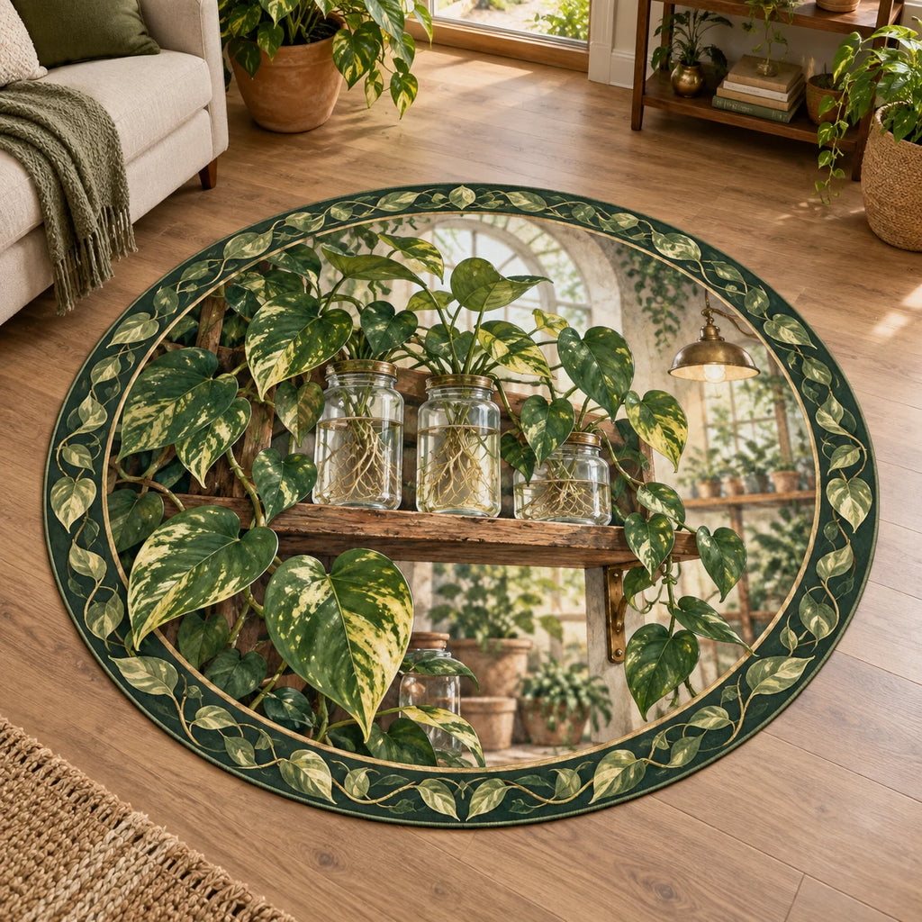 Pothos propagation shelf round mat rug with trailing heart-shaped leaves, rooted water jars and a matching plant-filled room