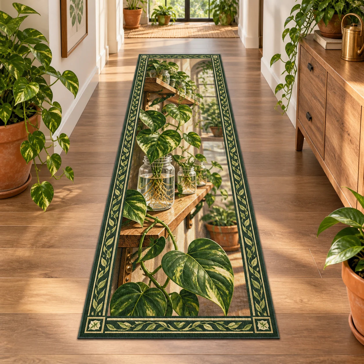 Pothos propagation shelf runner rug with trailing heart-shaped leaves, rooted water jars and a matching plant-filled room