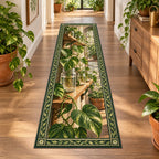 Pothos propagation shelf runner rug with trailing heart-shaped leaves, rooted water jars and a matching plant-filled room