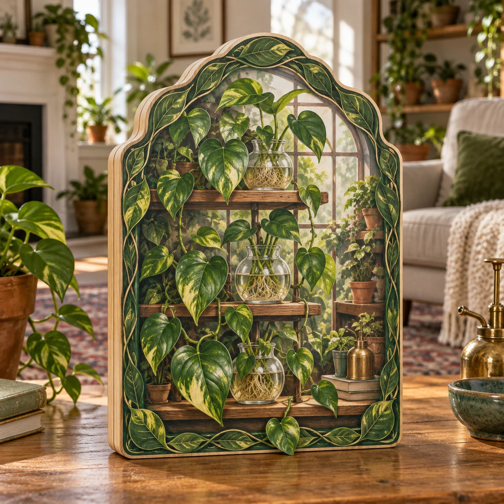 Pothos propagation shelf wooden block 3 layer with trailing heart-shaped leaves, rooted water jars and a matching plant-filled room