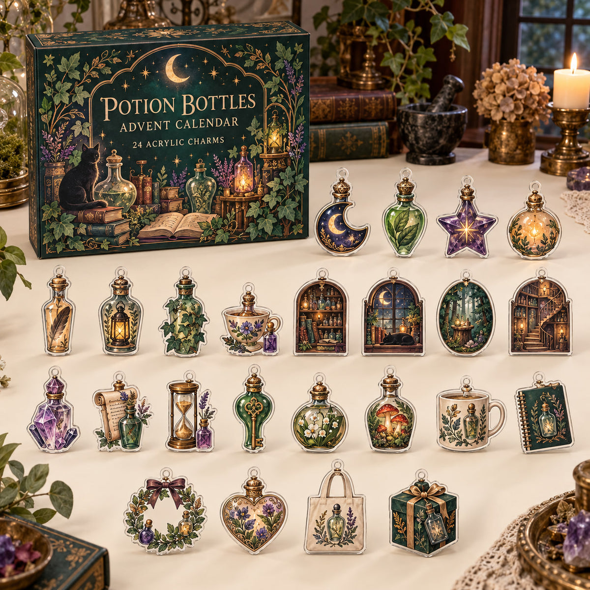 Potion Bottles advent calendar box with 24 flat printed acrylic charms