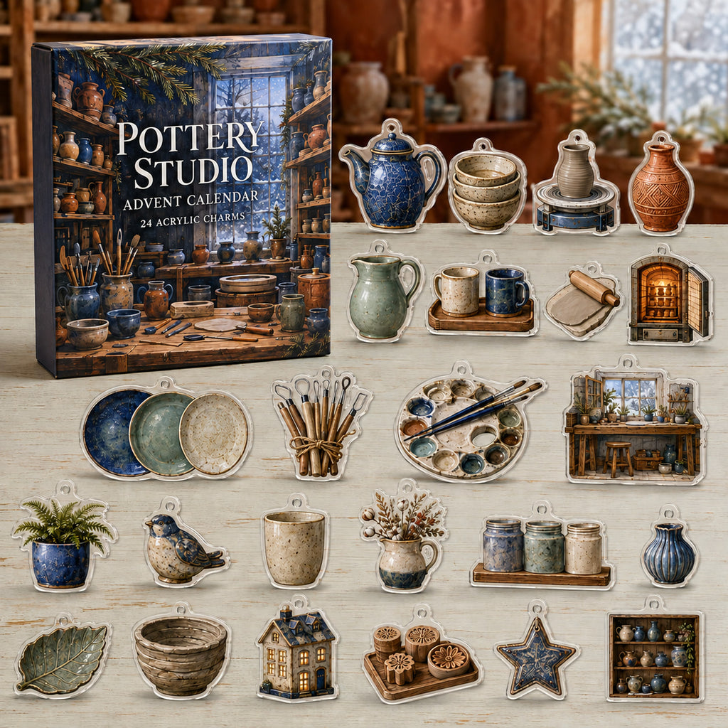Pottery Studio printed advent calendar box with 24 different acrylic charms in a themed setting