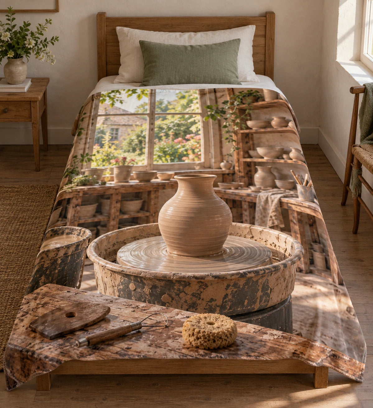 Clay vase on pottery wheel in sunlit studio, flat printed optical-depth fleece throw blanket.