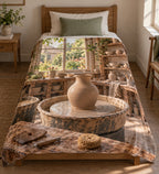 Clay vase on pottery wheel in sunlit studio, flat printed optical-depth fleece throw blanket.