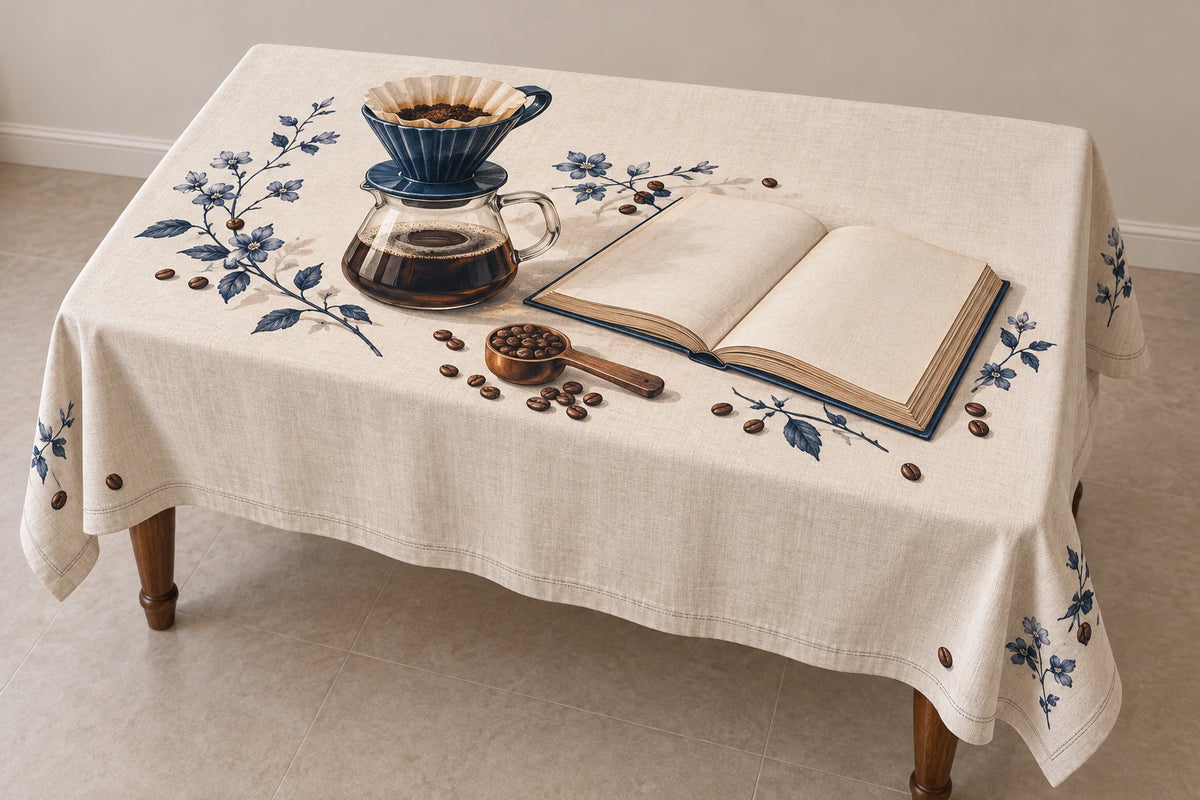 Pour Over Reading Break Tablecloth with flat printed pour-over brewer and reading still life depth