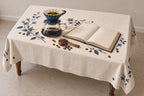 Pour Over Reading Break Tablecloth with flat printed pour-over brewer and reading still life depth