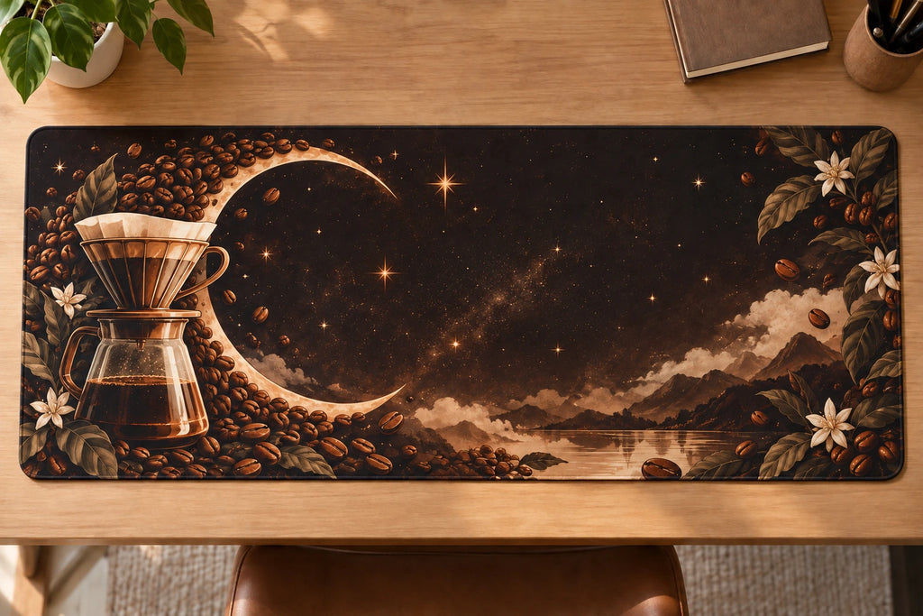 Pour Over Moonlight Roast Desk Mat with printed dimensional artwork