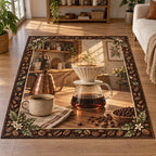 Pour-over coffee printed 3D area rug with coffee-bean and leaf border in a warm coffee corner