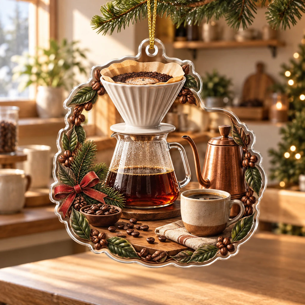 Pour-over coffee printed 3D christmas ornament with coffee-bean and leaf border in a warm coffee corner