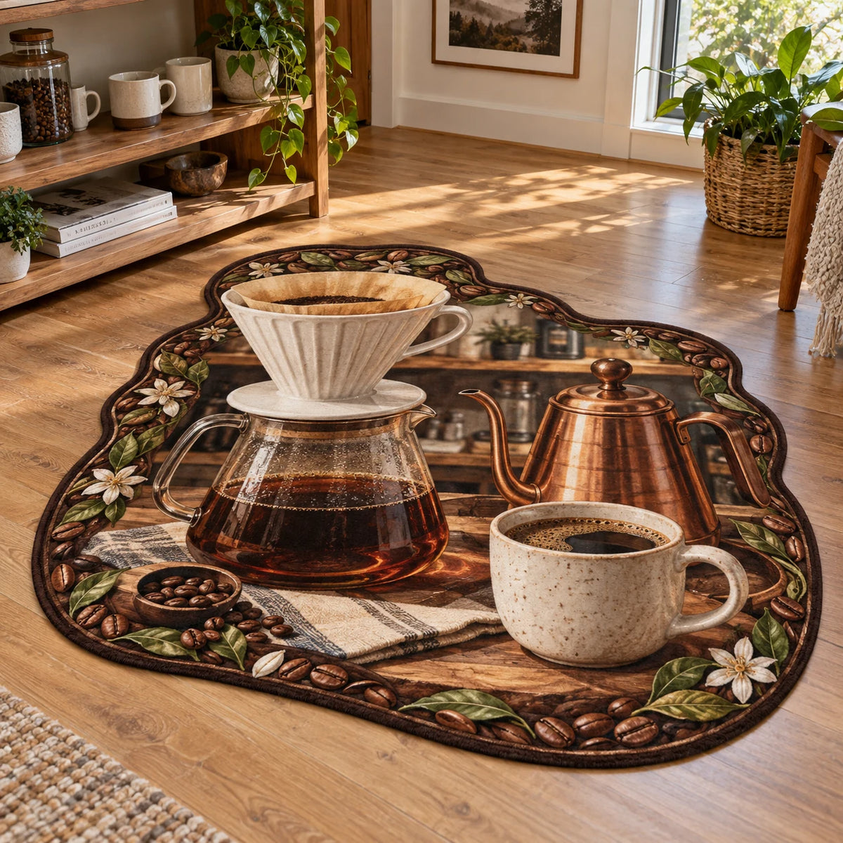 Pour-over coffee printed 3D custom shape area rug in a warm home coffee corner