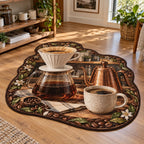 Pour-over coffee printed 3D custom shape area rug in a warm home coffee corner
