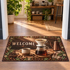 Pour-over coffee printed 3D doormat with coffee-bean and leaf border in a warm coffee corner