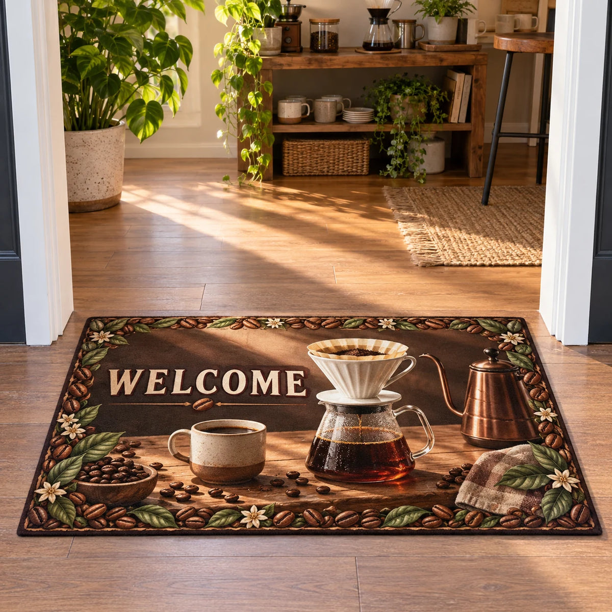 Pour-over coffee printed 3D doormat with coffee-bean and leaf border in a warm coffee corner