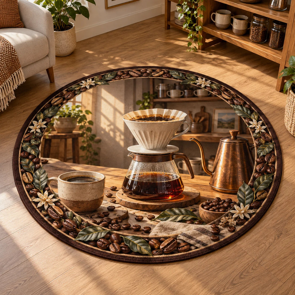 Pour-over coffee printed 3D round mat rug with coffee-bean and leaf border in a warm coffee corner