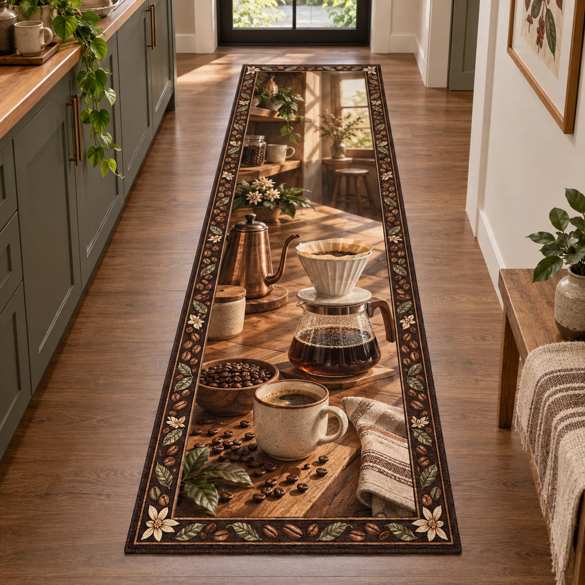 Pour-over coffee printed 3D runner rug with coffee-bean and leaf border in a warm coffee corner
