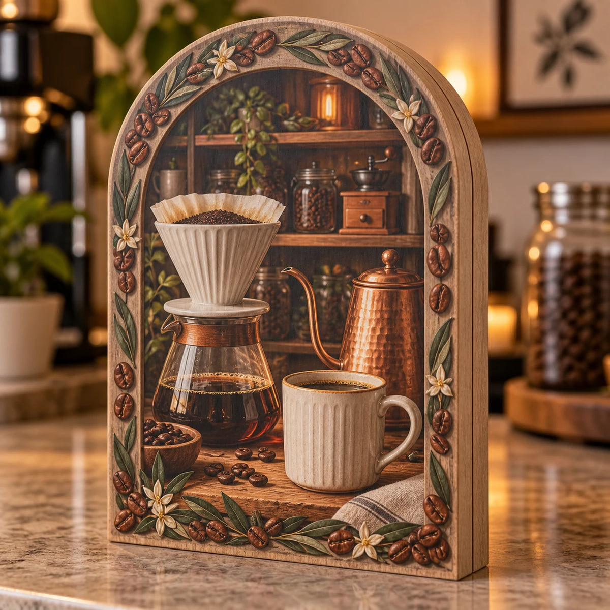 Pour-over coffee printed 3D wooden block 3 layer in a warm home coffee corner