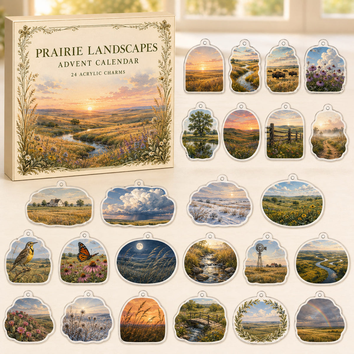 Prairie Landscapes advent calendar box and 24 printed acrylic nature charms