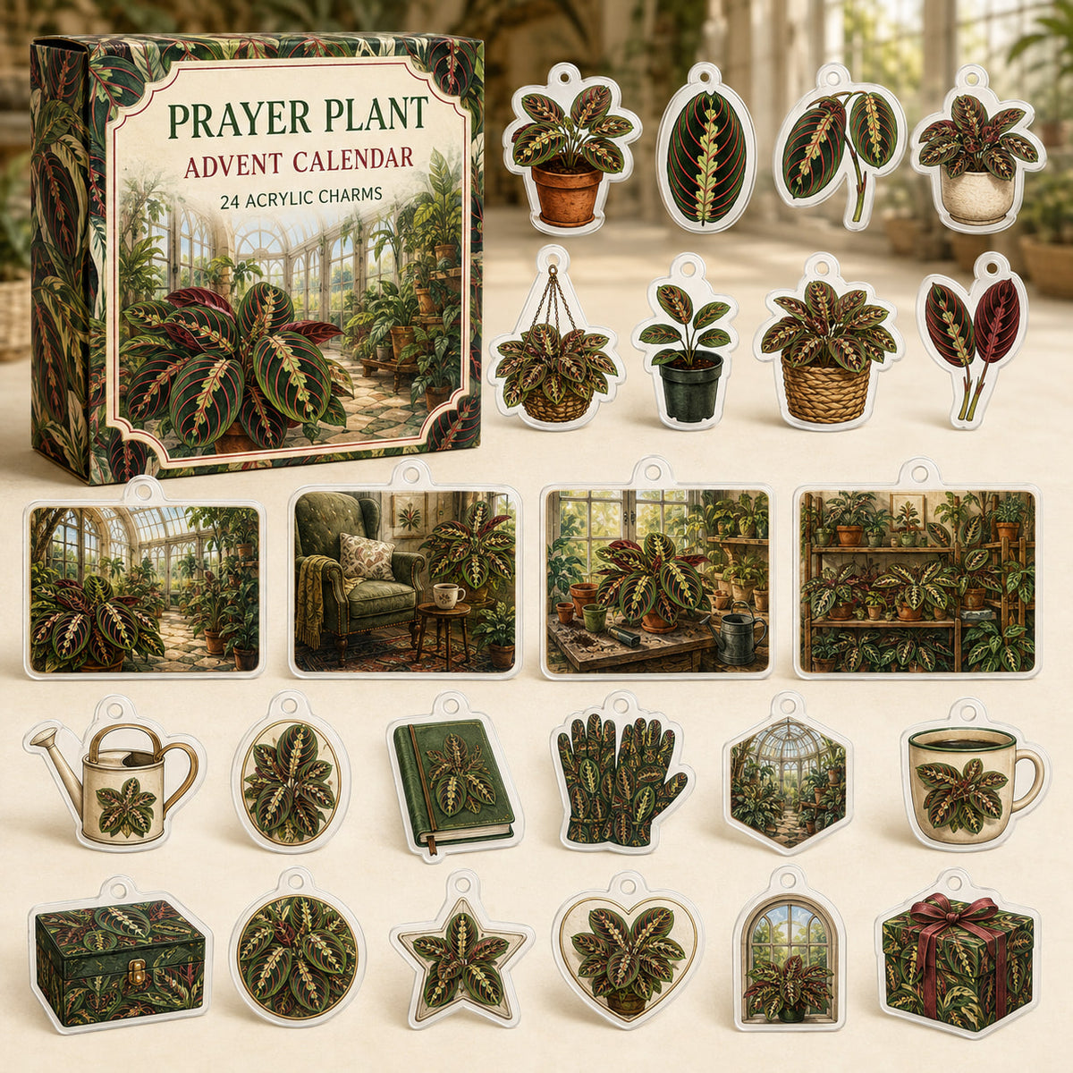 Prayer Plant advent calendar box and 24 botanical-themed printed acrylic charms