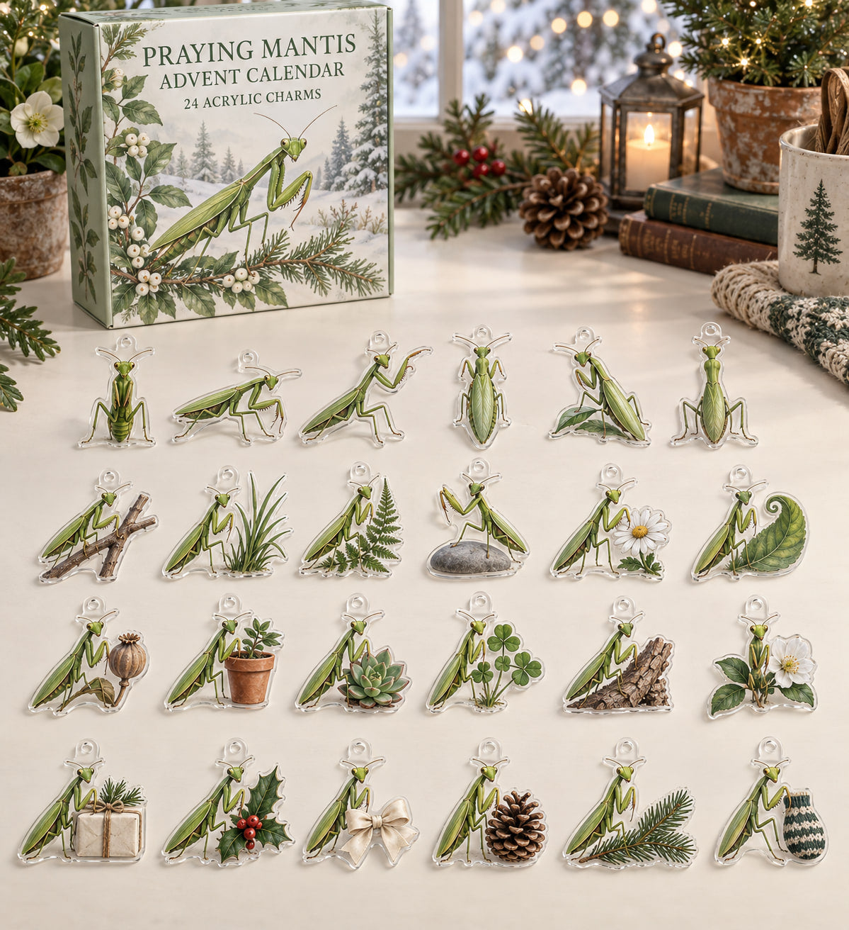 Praying Mantis advent calendar with 24 custom-shaped flat acrylic charms and printed dimensional artwork