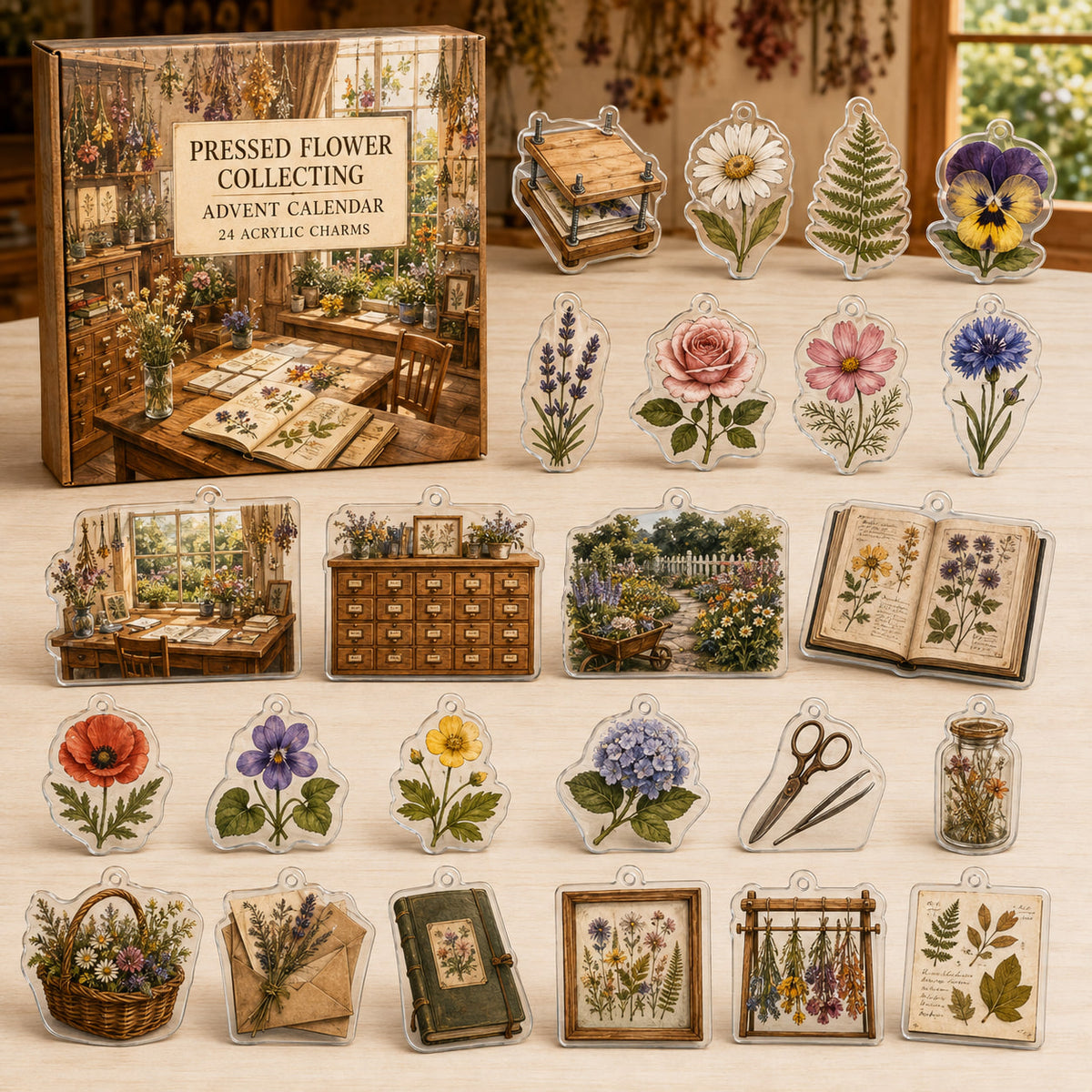 Pressed Flower Collecting advent calendar box and 24 printed acrylic charms