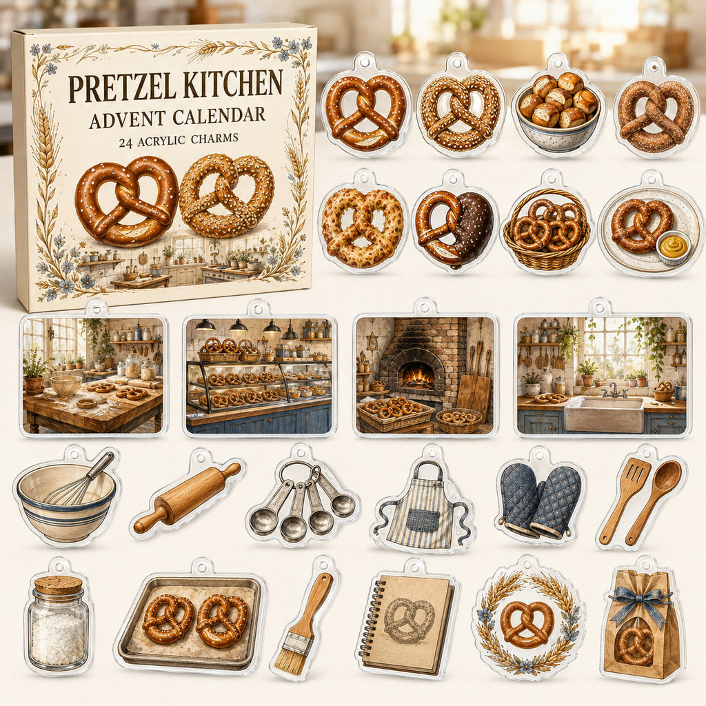Pretzel Baking advent calendar box and 24 printed acrylic bakery charms