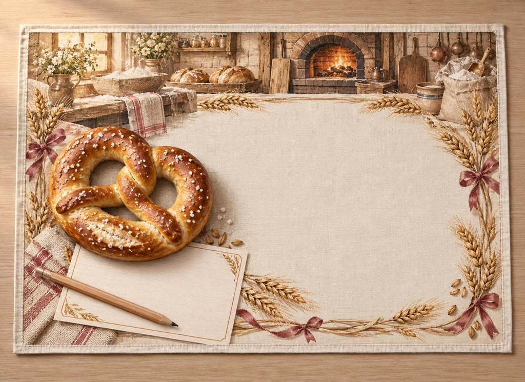 Pretzel Rustic Bakery Placemat with flat printed dimensional bakery artwork