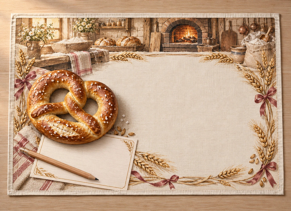 Pretzel Rustic Bakery Placemat with flat printed dimensional bakery artwork