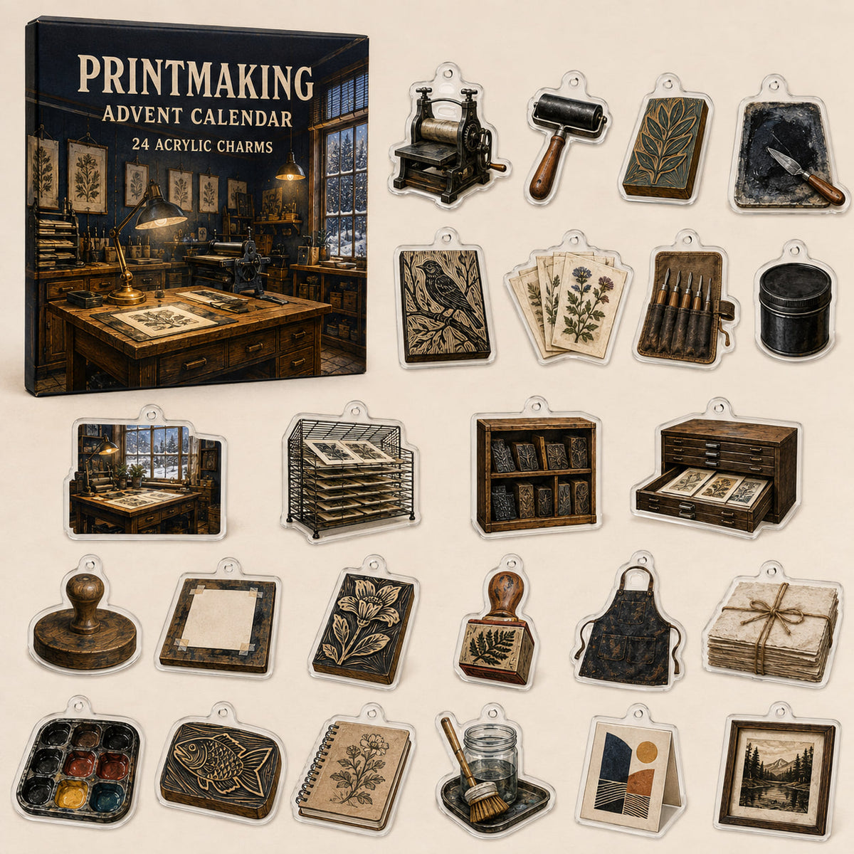 Printmaking advent calendar box and 24 different printed acrylic charms