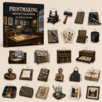 Printmaking advent calendar box and 24 different printed acrylic charms