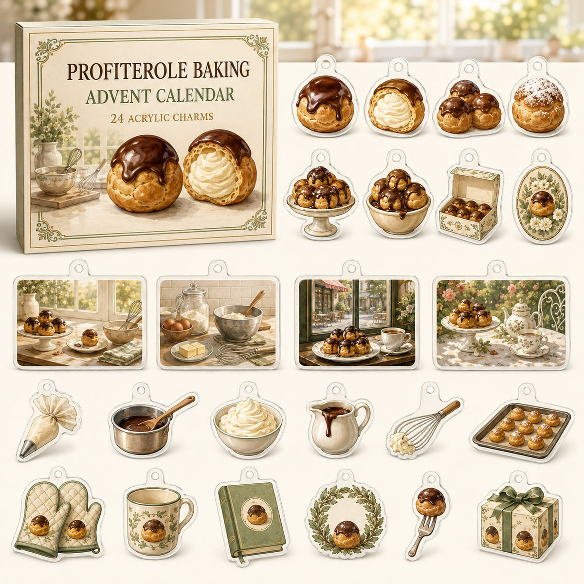 Profiterole Baking advent calendar box with 24 themed printed acrylic charms