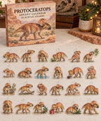 Protoceratops advent calendar with 24 custom-shaped flat acrylic charms and printed dimensional artwork