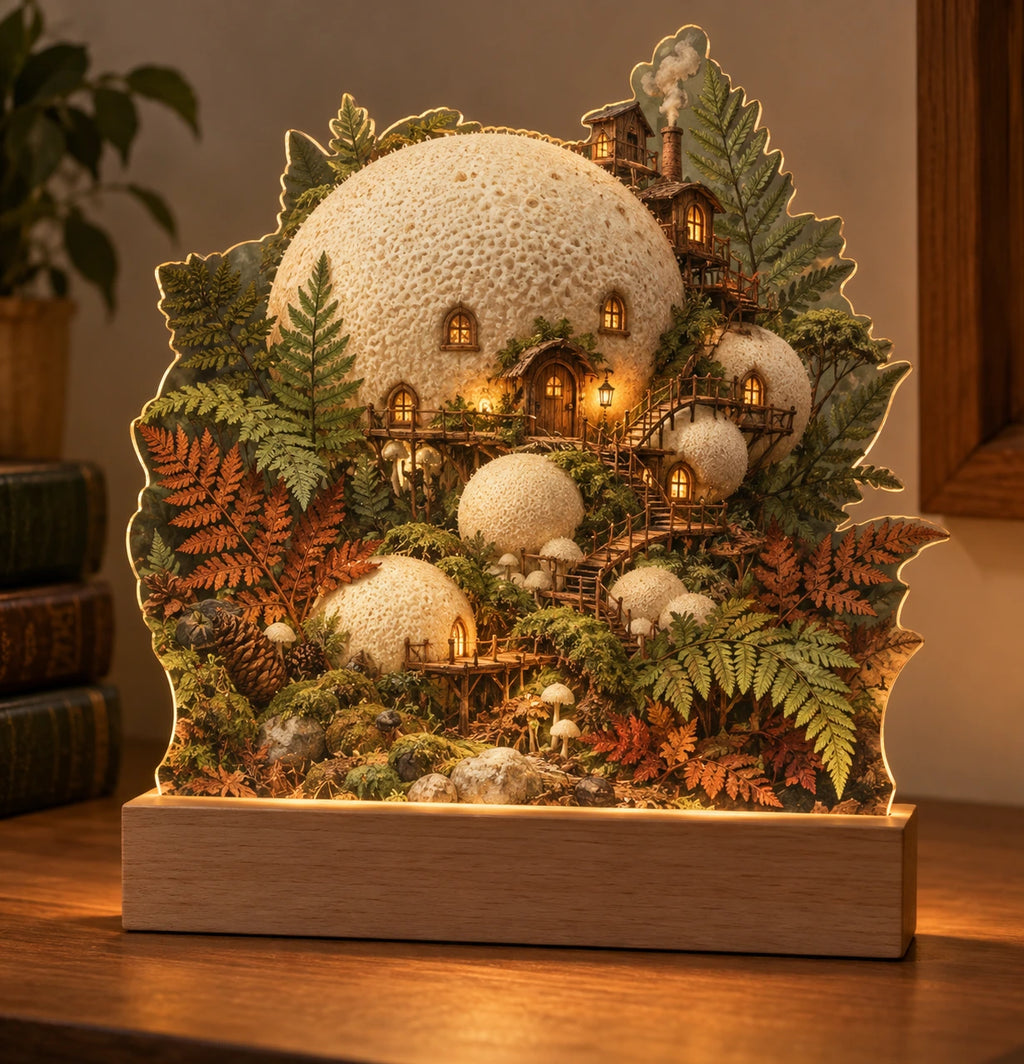 Puffball Fern Village Acrylic Night Light with printed dimensional artwork
