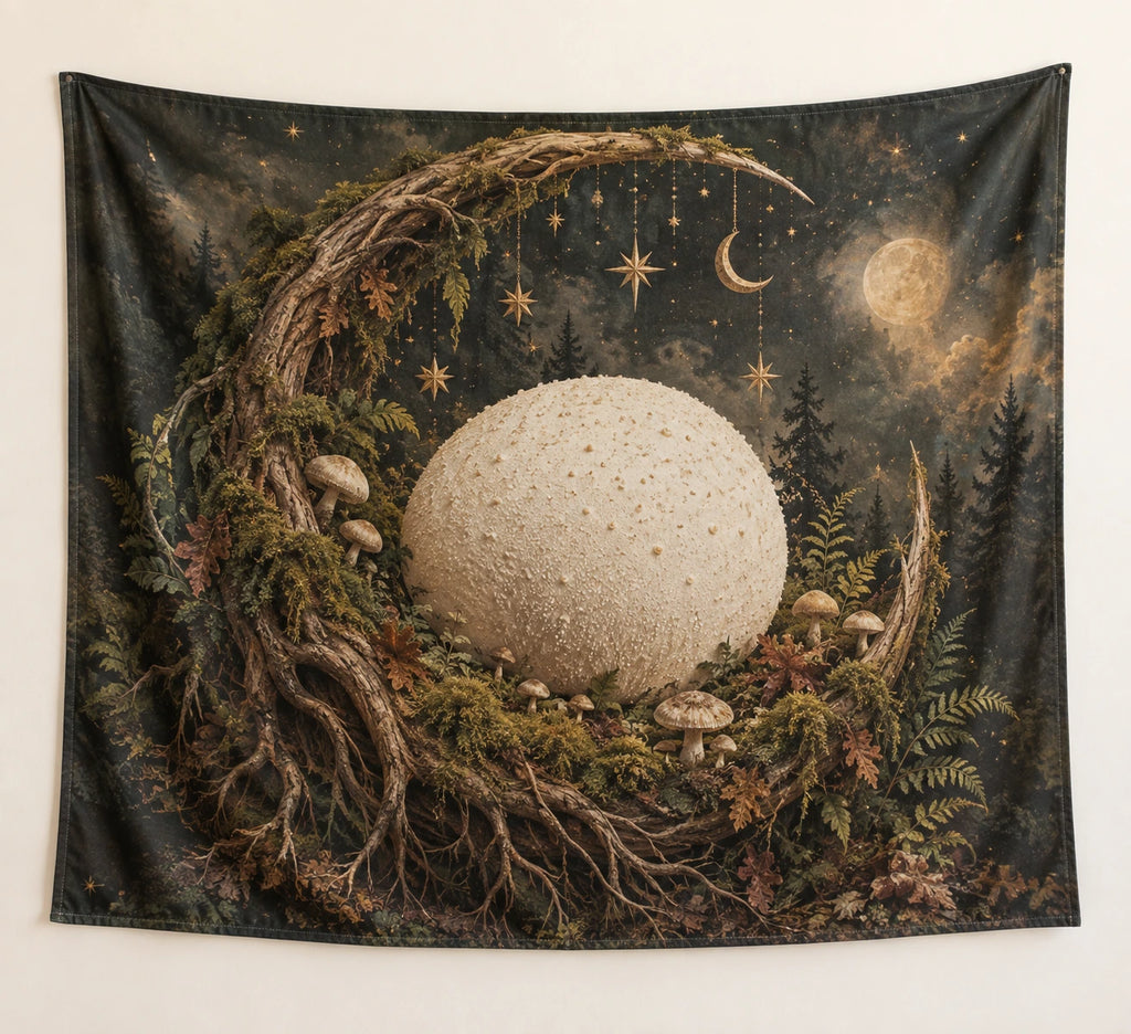 Puffball Moon Crescent Wall Tapestry with printed dimensional artwork