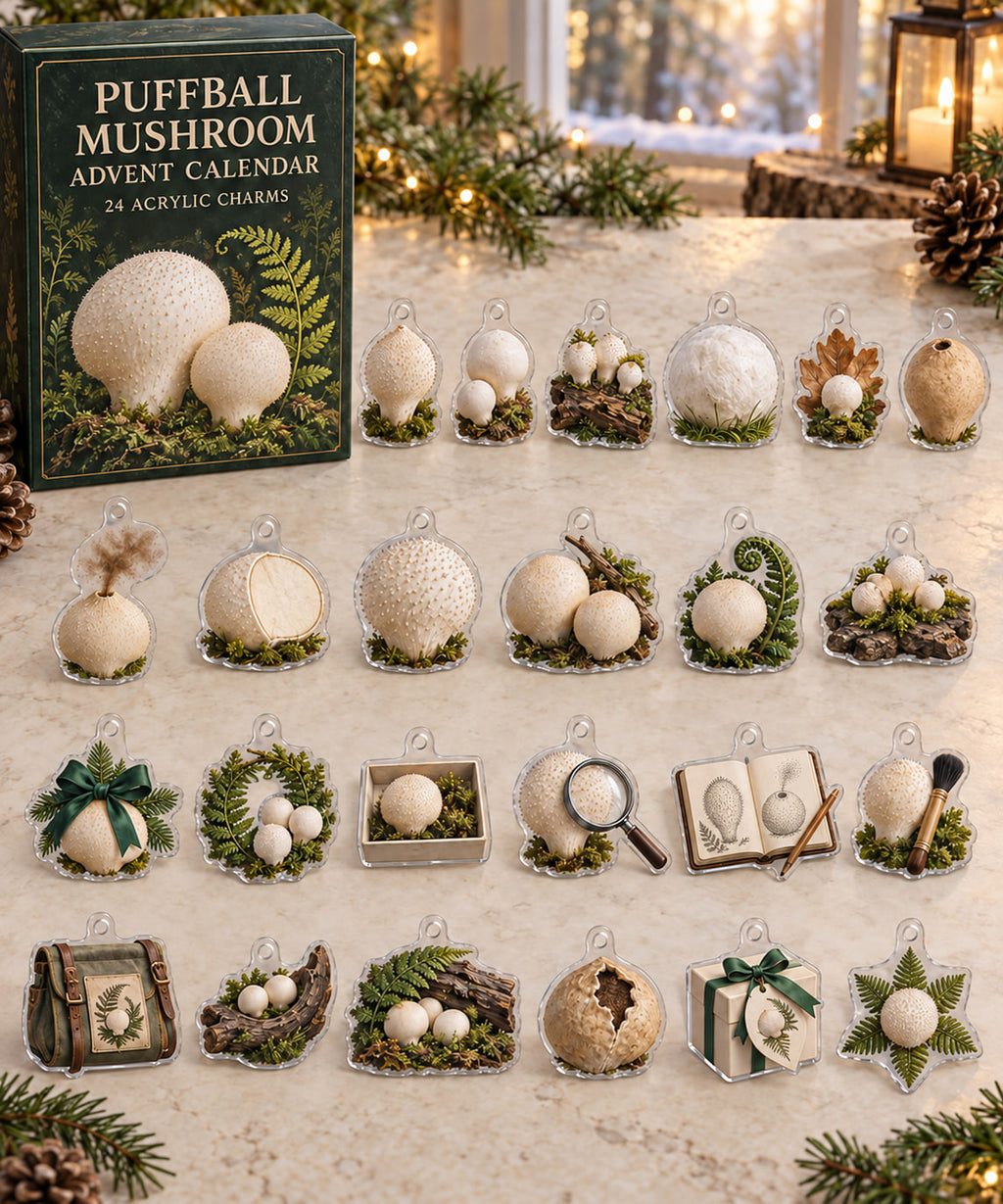 Puffball Mushroom advent calendar with 24 custom-shaped flat acrylic charms and printed dimensional artwork