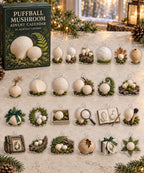 Puffball Mushroom advent calendar with 24 custom-shaped flat acrylic charms and printed dimensional artwork