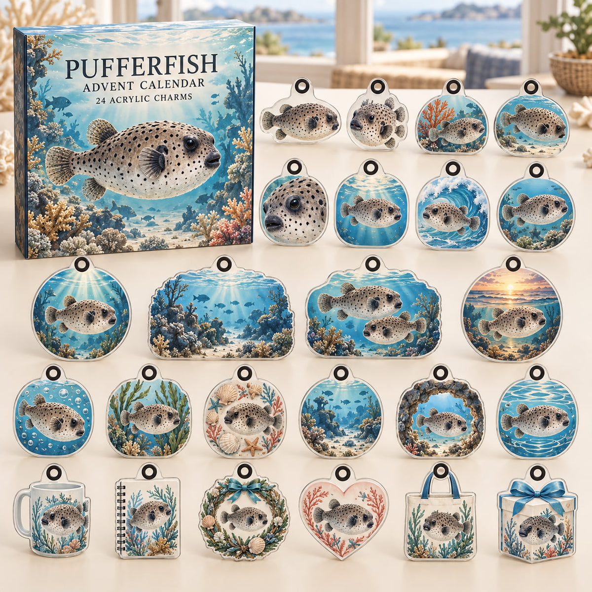 Pufferfish advent calendar box with 24 themed flat printed acrylic charms