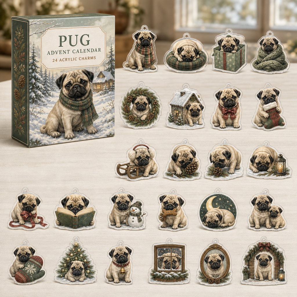 Pug advent calendar box and full set of 24 illustrated acrylic charms on a light tabletop