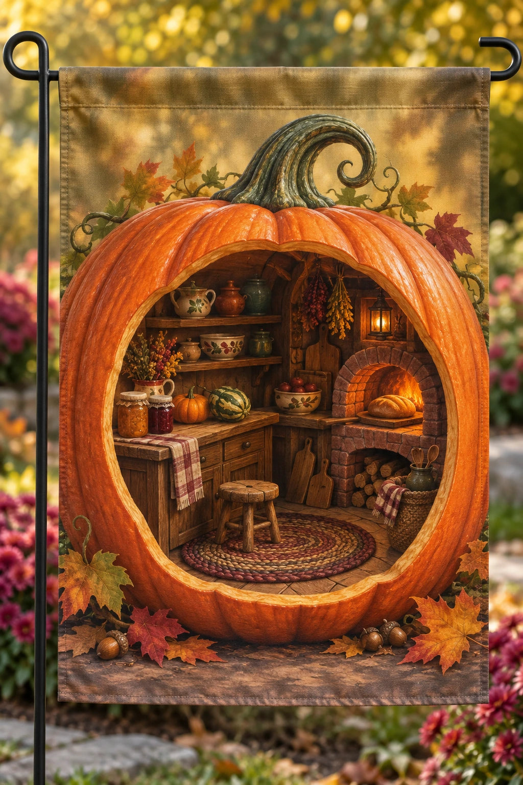 Pumpkin Cottage Harvest Kitchen Garden Flag with flat printed cutaway pumpkin kitchen depth