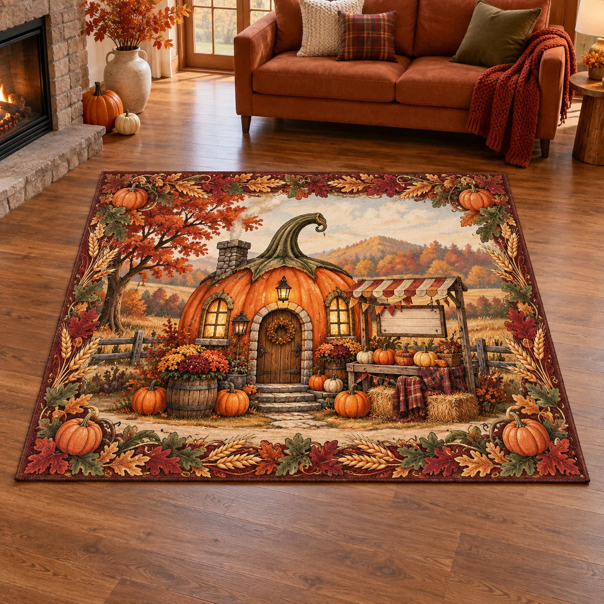 Area Rug featuring a pumpkin cottage and rustic farmstand with oak leaves, wheat and curling vines in printed 3D detail.