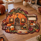 Custom Shape Area Rug featuring a pumpkin cottage and rustic farmstand with oak leaves, wheat and curling vines in printed 3D detail.