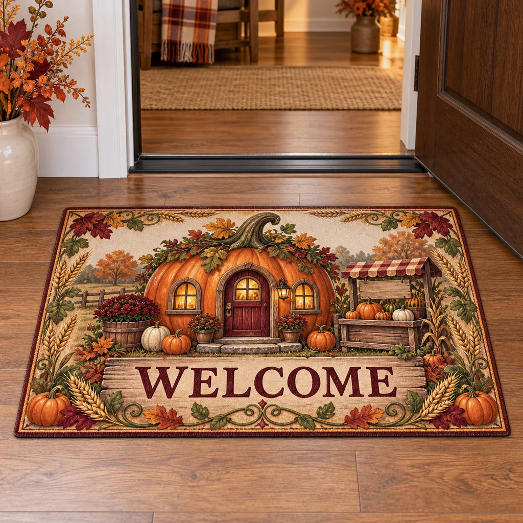 Doormat featuring a pumpkin cottage and rustic farmstand with oak leaves, wheat and WELCOME lettering in printed 3D detail.