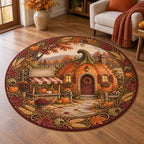 Round Mat Rug featuring a pumpkin cottage and rustic farmstand with oak leaves, wheat and curling vines in printed 3D detail.