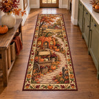 Runner Rug featuring a pumpkin cottage and rustic farmstand with oak leaves, wheat and curling vines in printed 3D detail.