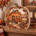 Three-layer wooden block with pumpkin cottage, blank-sign farmstand and autumn leaf border.