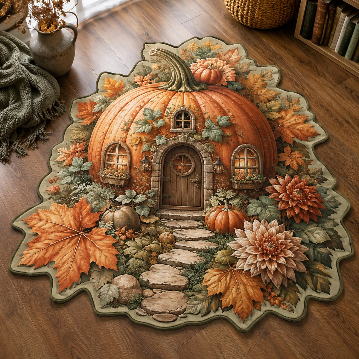 Pumpkin Cottage Garden Silhouette custom shape area rug with a dimensional printed design in a autumn cottage setting