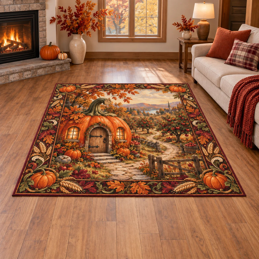 Pumpkin Cottage Orchard Path Area Rug with printed 3D depth in a coordinated autumn interior.