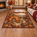 Pumpkin Cottage Orchard Path Area Rug with printed 3D depth in a coordinated autumn interior.