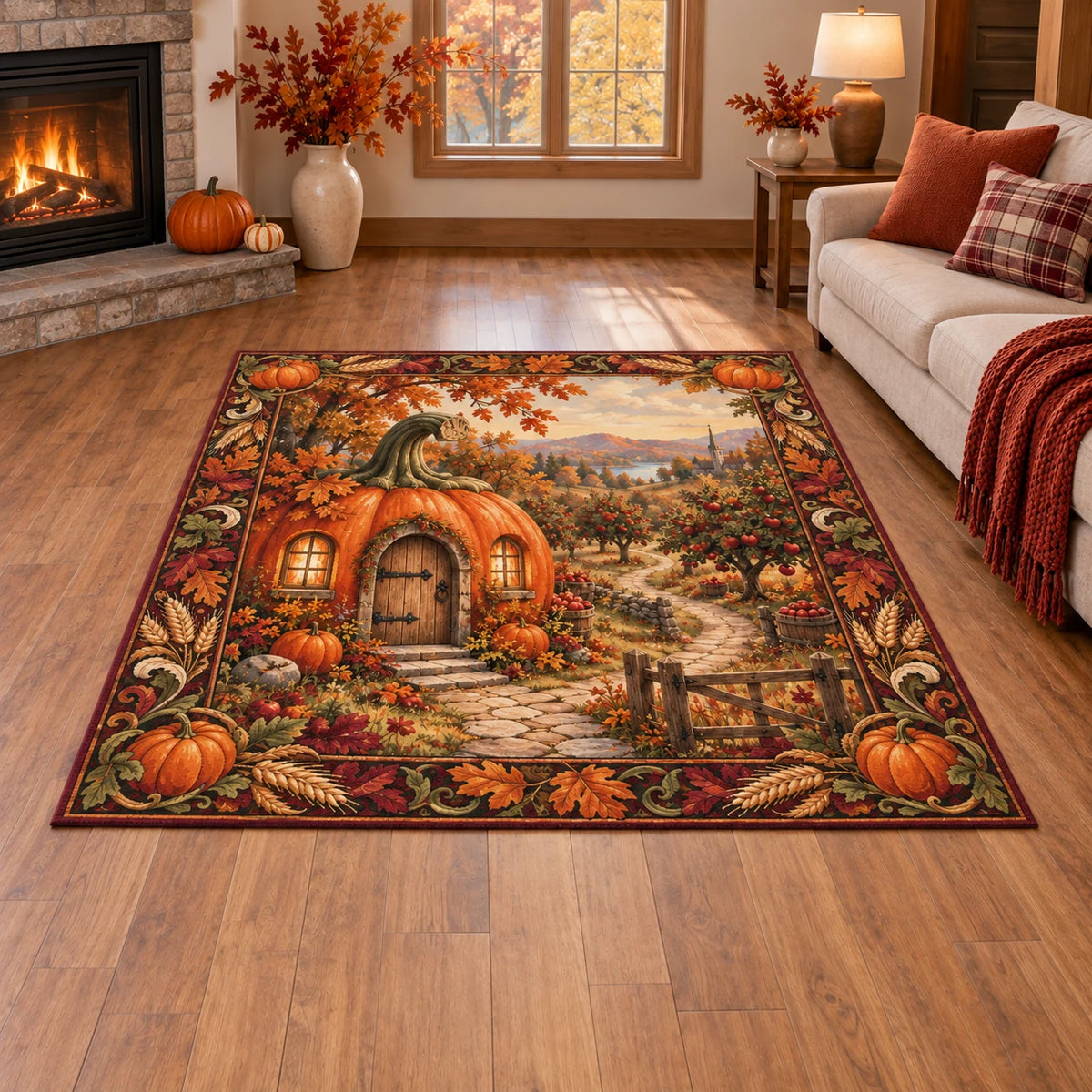 Pumpkin Cottage Orchard Path Area Rug with printed 3D depth in a coordinated autumn interior.