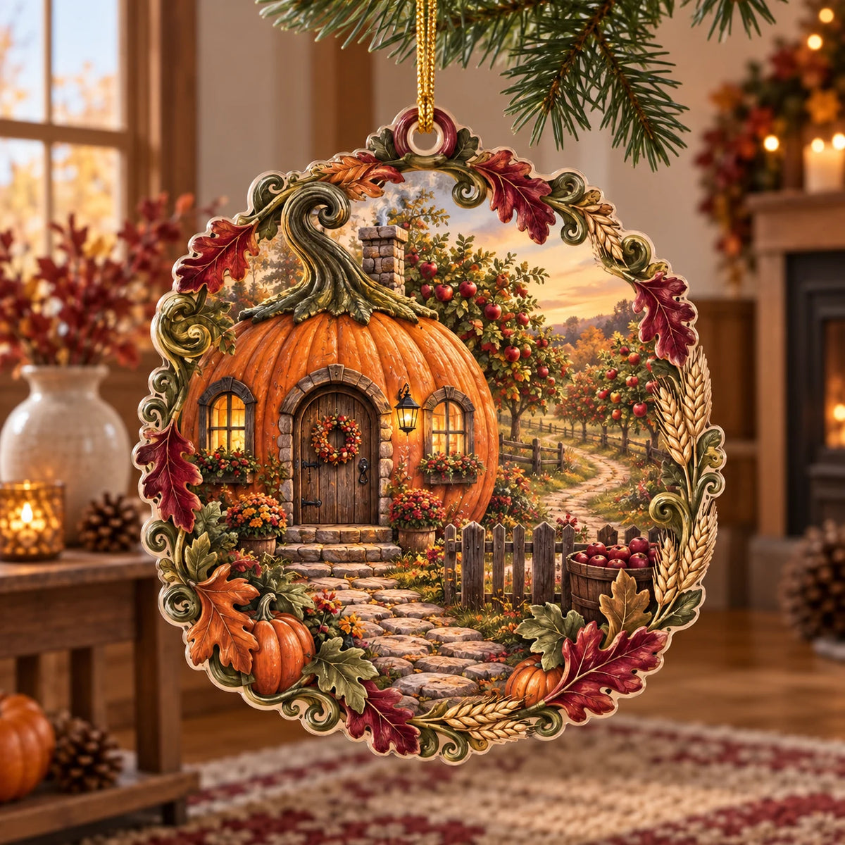 Pumpkin Cottage Orchard Path Christmas Ornament with printed 3D depth in a coordinated autumn interior.
