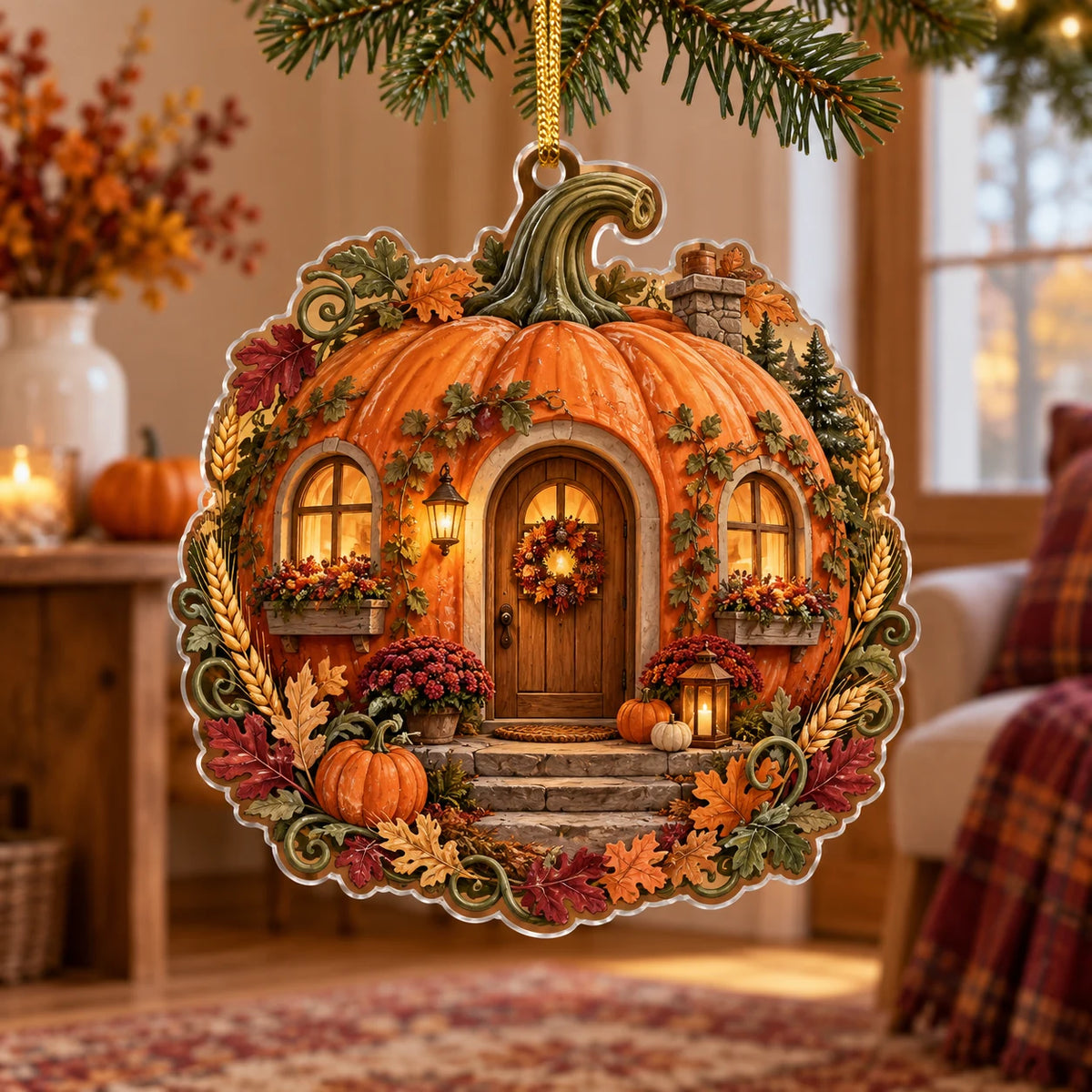 Pumpkin Cottage Christmas Ornament with dimensional printed artwork in a coordinated indoor setting